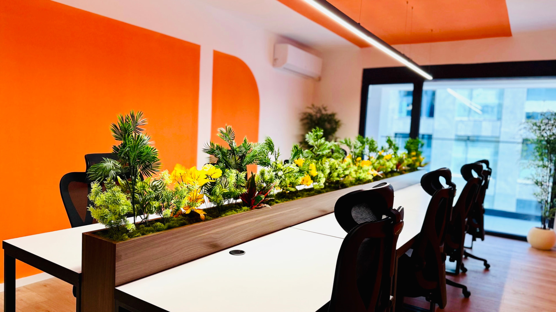 Coworking desks with orange accent wall, plants, and balcony-side windows at PRN CO-WORK