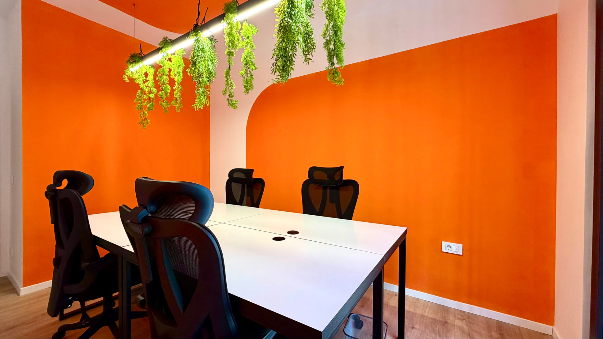 Meeting room at PRN CO-WORK with orange walls, hanging plants, and natural light